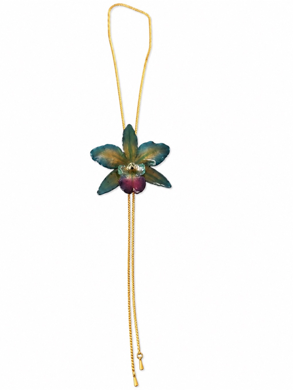 Artisan Orchid Flower Bolo Lariat Necklace Gold Tone Teal Purple Statement